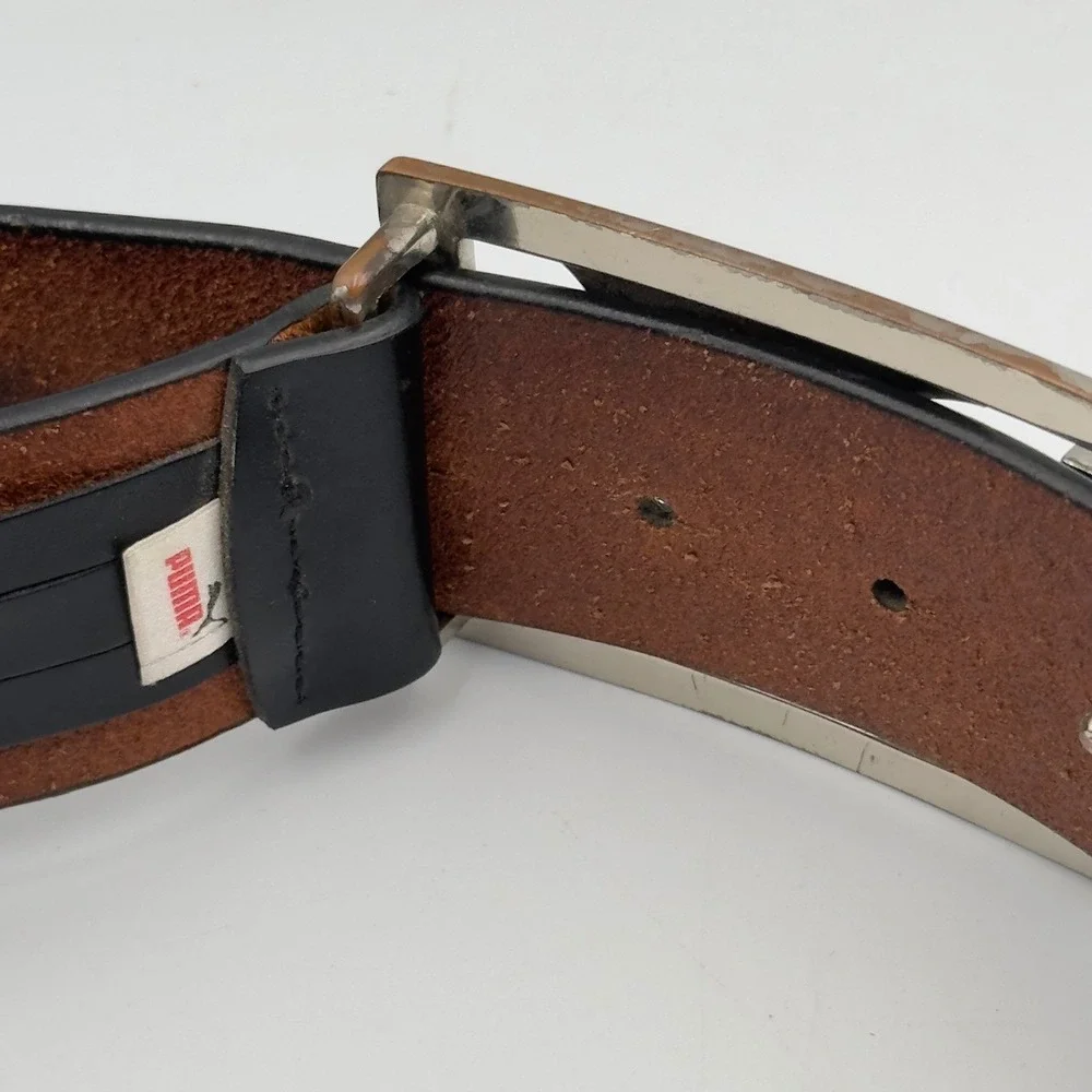 Puma Black Genuine Leather Belt Silver Logo Cutout Plaque Buckle Size S 80cm